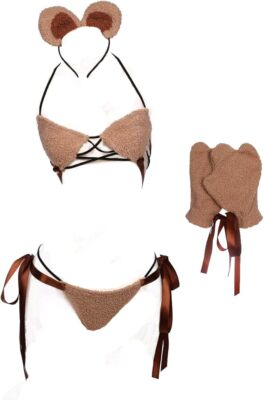 Women Kawaii Lingerie Sexy Bear Cosplay Costume Bikini Furry Lolita Outfit  Brown