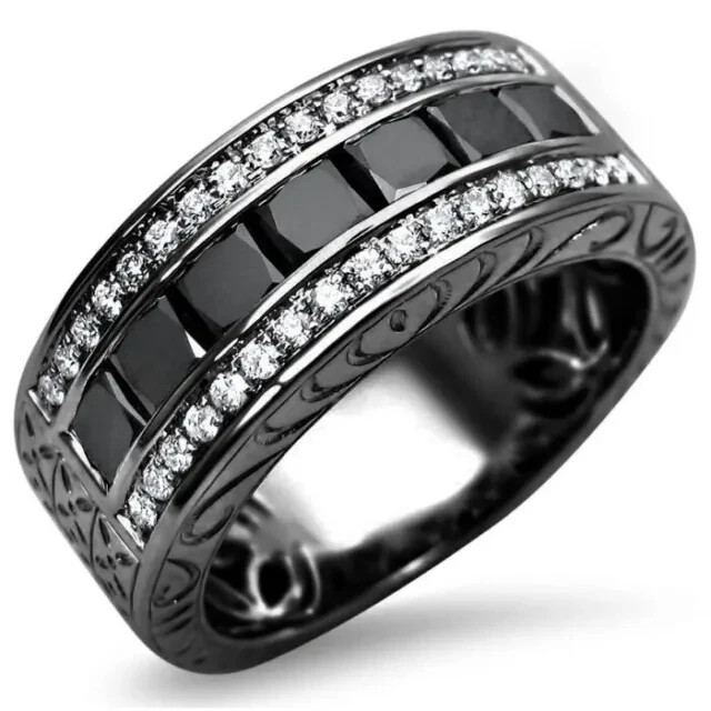 2Ct Princess Cut Lab Created Black Diamond Men's Band Ring 14K
