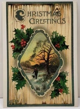 Christmas Greetings Holly Berry Country Scene Repro of 1874-1895 Postcard E10