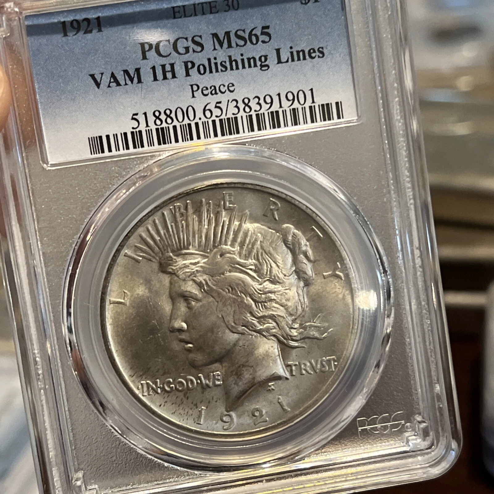 1921 peace dollar high relief pcgs ms 65 vam1H satin proof die / Polishing Lines