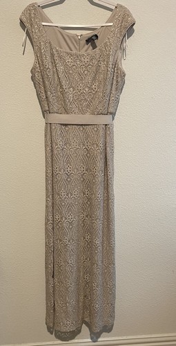 Vestido largo R&M Richards para mujer de encaje con lentejuelas talla 16 beige noche boda - Imagen 1 de 13