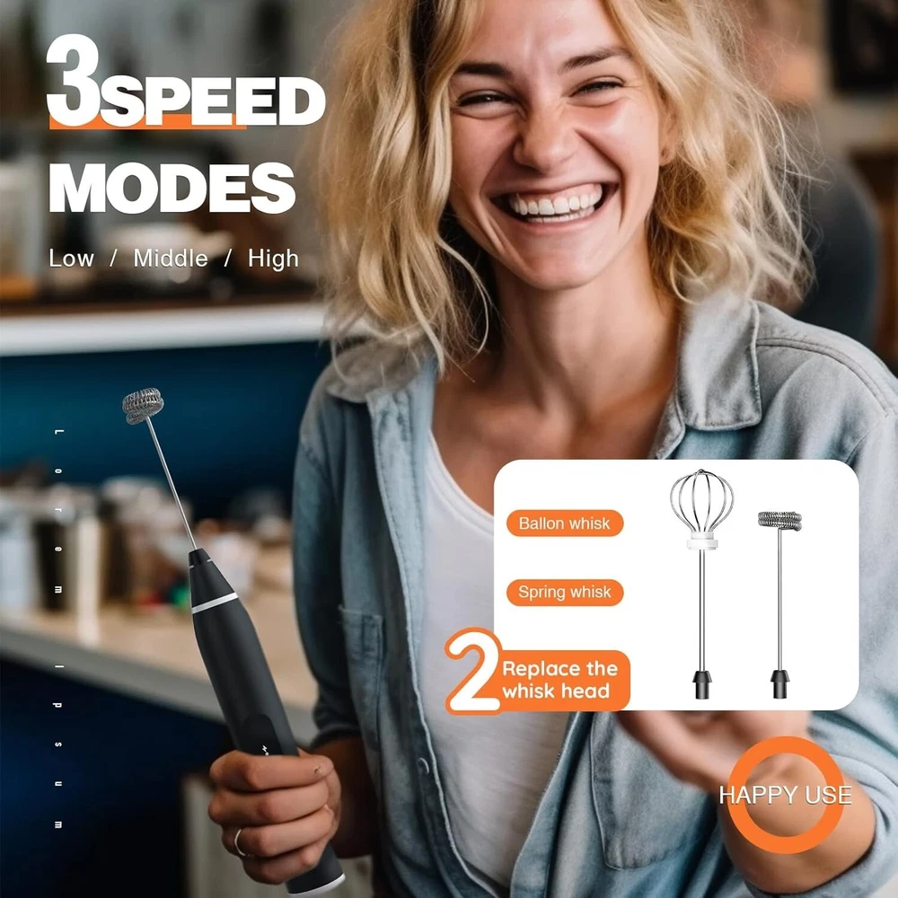 Milk Frother Rechargeable Handheld Electric Whisk Coffee Frother Mixer with 2...