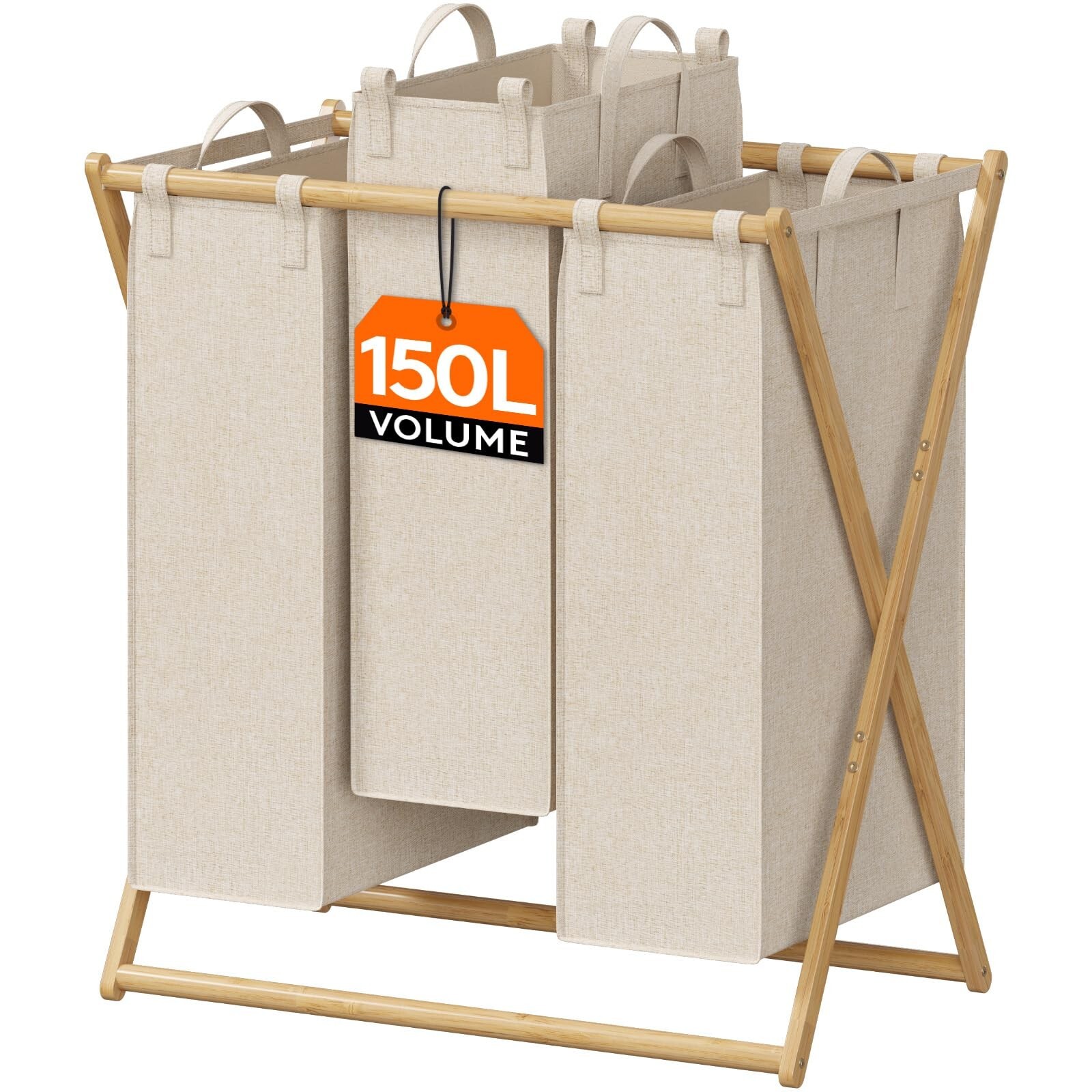 Lifewit 150L 3-Section Collapsible Bamboo Laundry Hamper with X-Frame Design