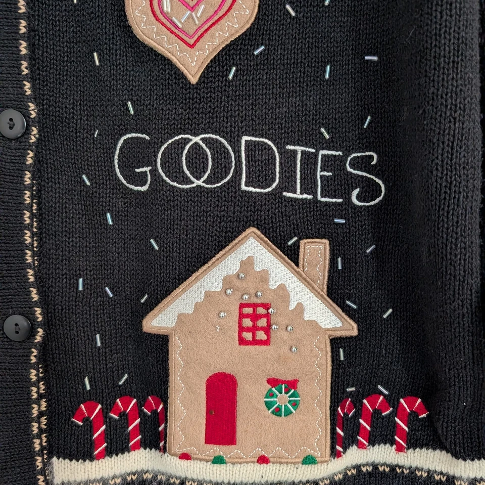 VTG Quacker Factory Gingerbread Holiday Cardigan Sweater MEDIUM Embroidery Party - Image 4 of 4