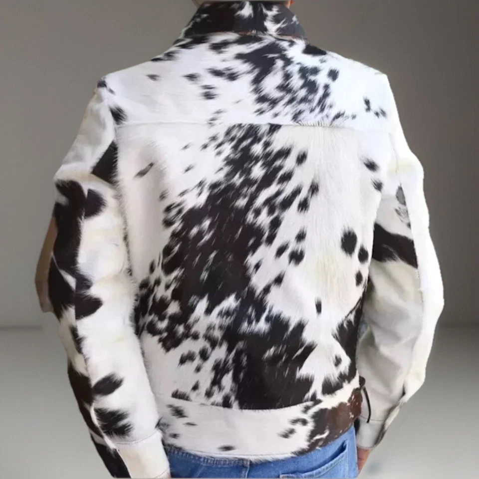 Men’s Cow Hair Trucker Jacket Black & White Warm Fur Denim Coat Western Style - Image 4 of 4
