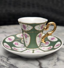 Miniature Cup  Saucer Imperial Porcelain China Green/Pink W/Gold Trim