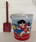 Tin Litho Sand Pail Children VTG Metal Bucket Ohio Art 176 Red Blue Shovel