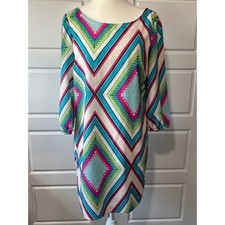 Pink Owl Geometric Chevron Print Hippie Shift Dress 3/4 Sleeve Colorful Medium
