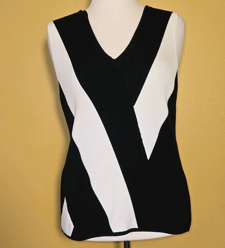 INC International Concepts Colorblock Suéter Chaleco Negro Blanco Cuello en V Tejido Top L Foto 2 de 4