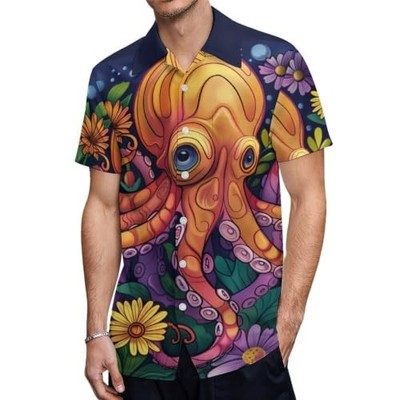 Men's Octopus Hawaiian Shirt Short Sleeve Summer Beach Nautical Ocean
