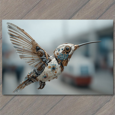POSTCARD Ceramic Steampunk Hummingbird White Floral Robot Wings Blue Gem Accents