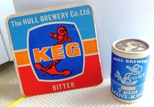 HULL BREWERY - Draught Mini Keg Beer - RARE Tube Shaped Matchbox + 1966 Beermat