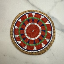 Handmade Native American Beaded Medallion Trivet Braided Leather Backed 5.5  