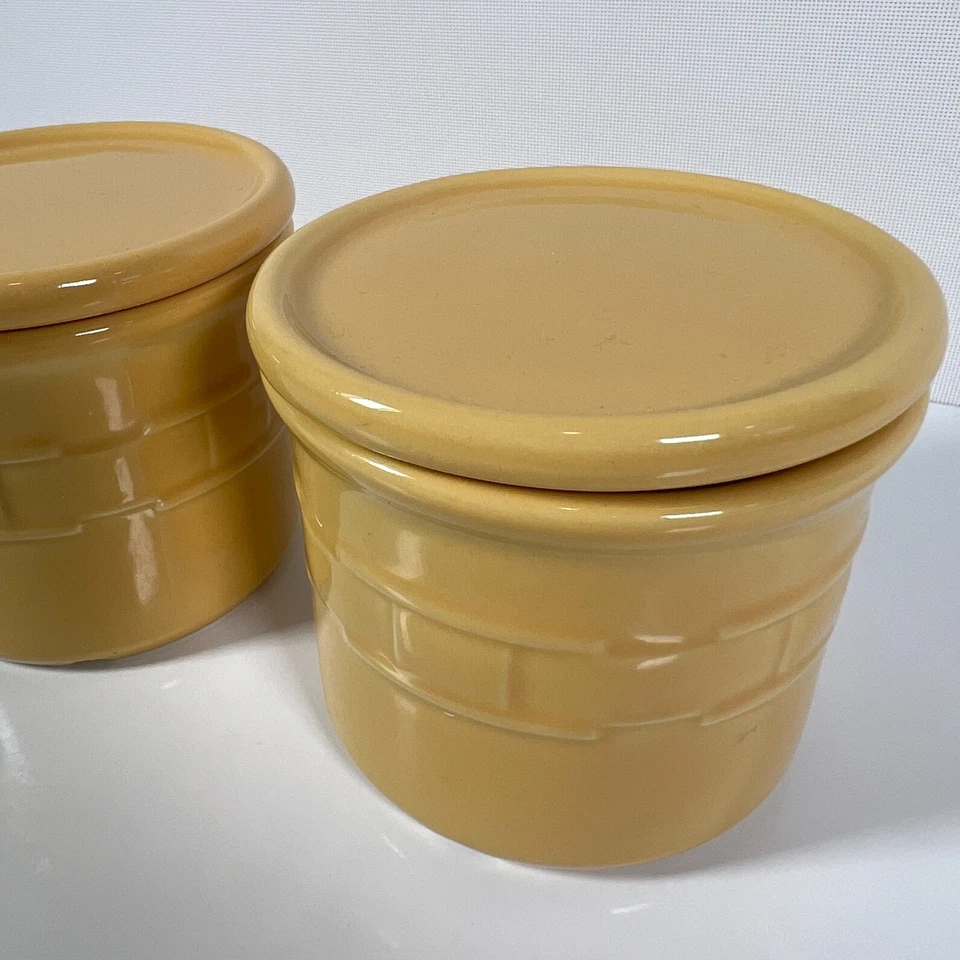 Longaberger Cerámica Vaso Vaso Bote y Tapa Amarillo Mostaza Juego (2) Hecho en EE. UU. Foto 2 de 4