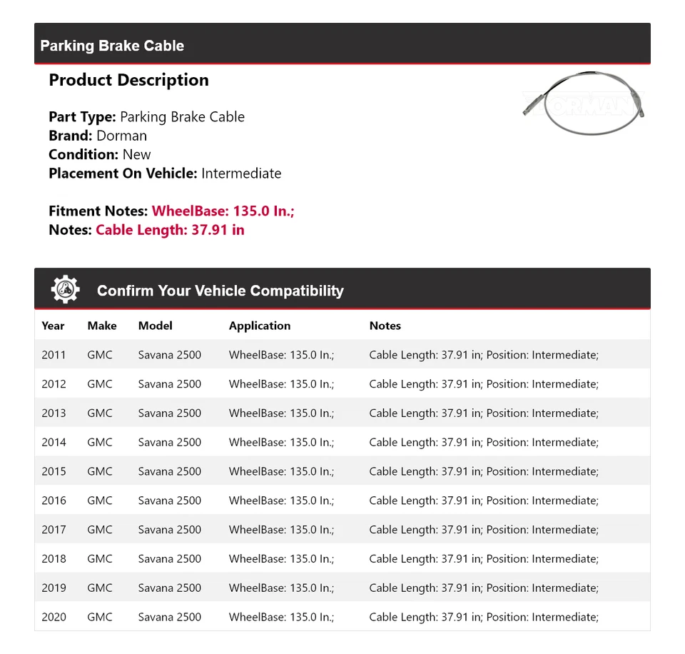 Cable de freno de estacionamiento intermedio 2012 2013 para GMC Savana 2500 Dorman 2011-2020 Foto 2 de 4