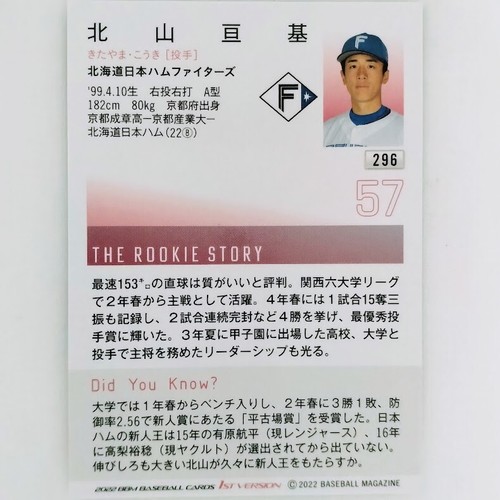 Kouki Kitayama 2022 BBM Baseball Cards 1st Version Hokkaido Nippon-Ham Fighters - Picture 2 of 2