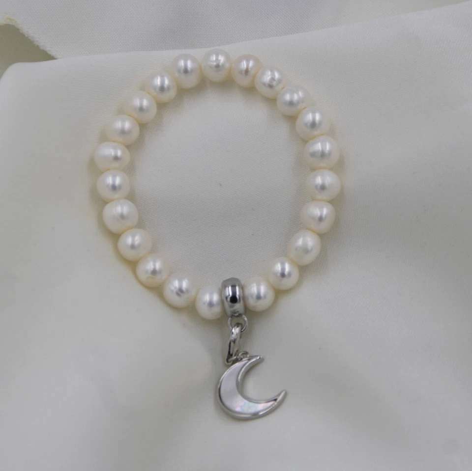 Perlen Charm-Armband, echte Süßwasserperlen, 925 Sterlingsilber mit Gummizug - Bild 4 von 4