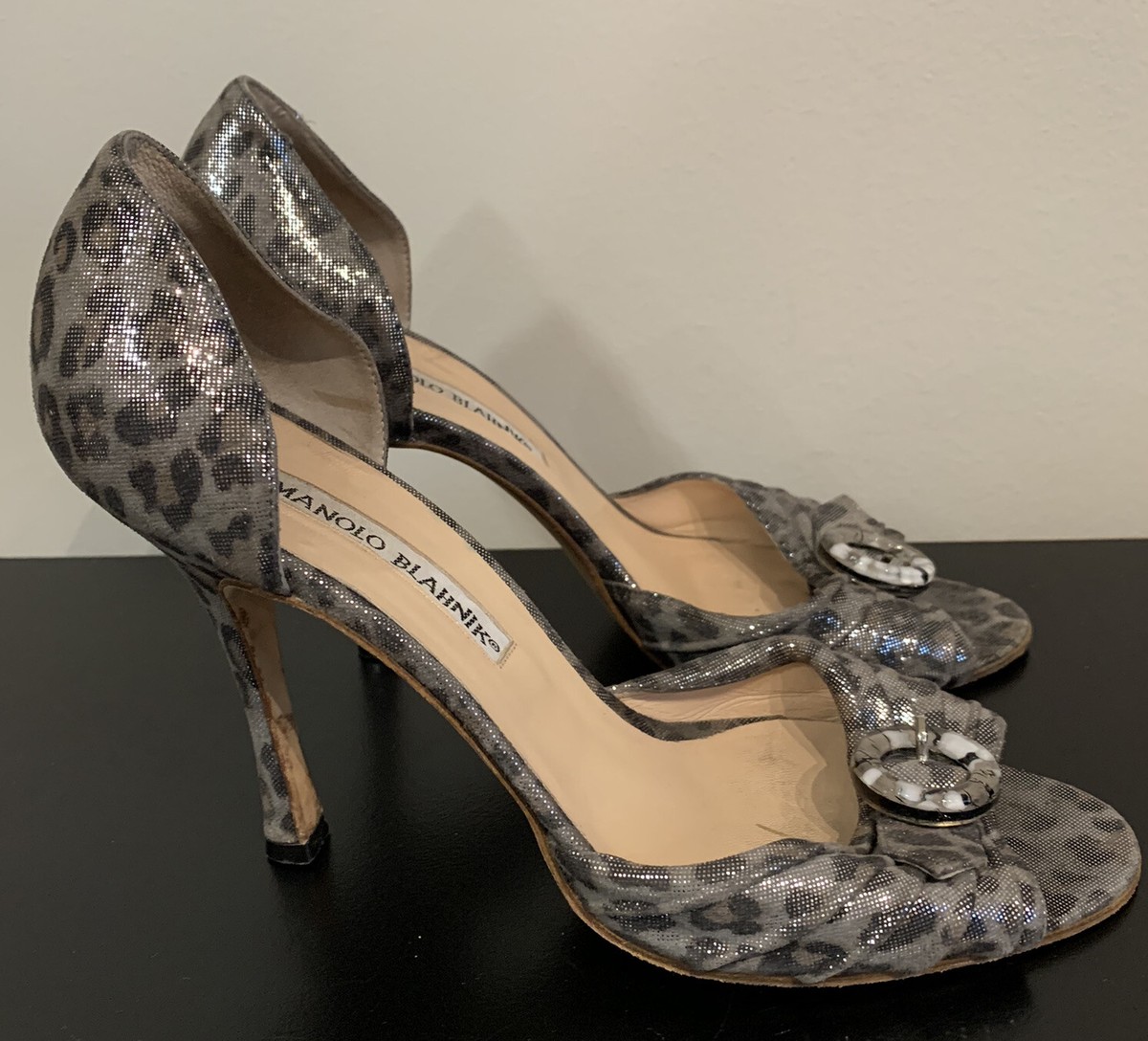 Authentic MANOLO BLAHNIK Metallic Leopard Print D'Orsay Peep Authentic MANOLO BLAHNIK Metallic Leopard Print D'Orsay Peep