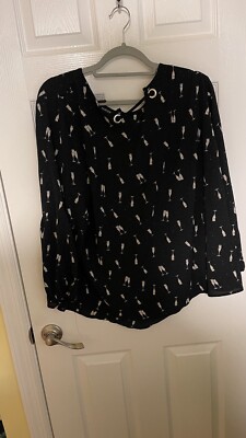 ROZ & ALI Plus 2X Black Poly/Spandex Champagne Glasses Print Long Sleeve Blouse