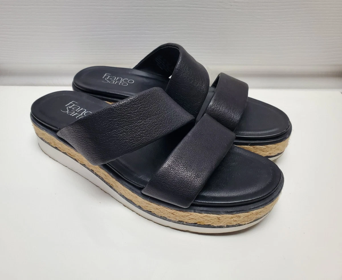 Franco Sarto 8M Titan Platform Sandals Black Leather Slip On Slide Espadrille
