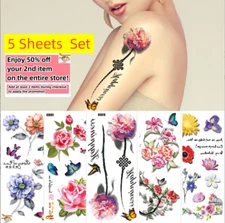 Set of 5 Sheets Waterproof Temporary Fake Tattoo Stickers Flowers Arm & Body Art