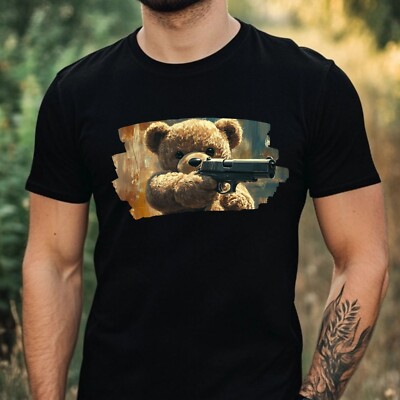Mens Teddy Bear With Gun Motif Cotton T-Shirt Size XS to 5XL
