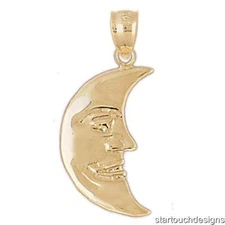 New 14k Yellow Gold Crescent Moon Face Pendant