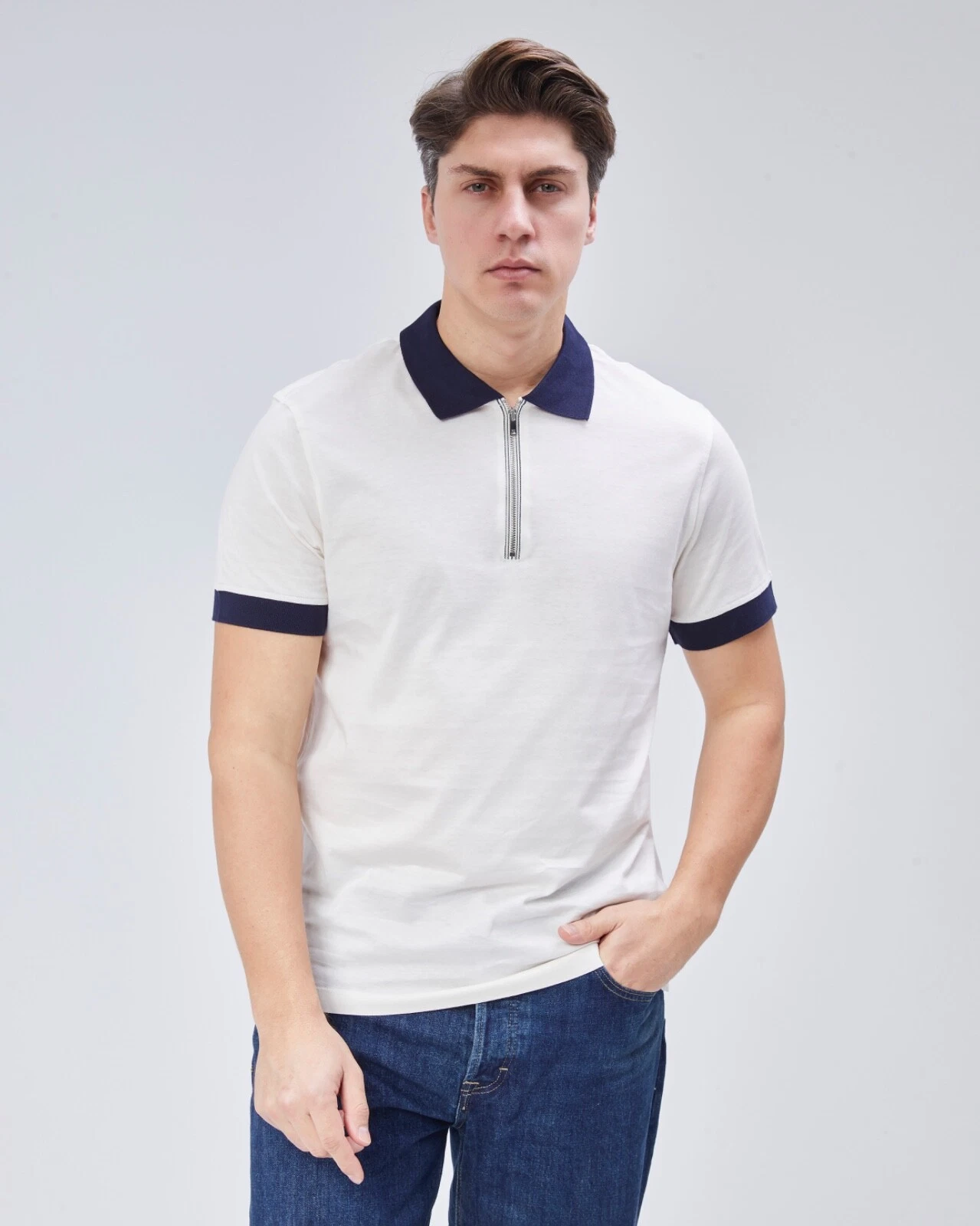 REISS Mens Mercerised Cotton Zip Neck Polo Shirt Designer Regular Fit T-shirt