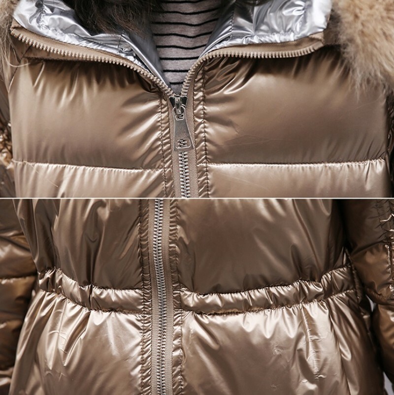 Ladies Casual Glossy Fur Collar Hooded Cotton Coat