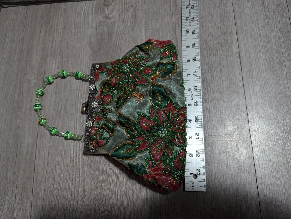 De Colección Retro Verde Rojo Navidad Flor de Pascua Con Cuentas Bolso sin asas Cartera Bolso de mano Foto 3 de 4