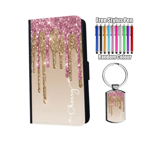 PERSONALISED Name Printed Glitter Flip Leather Wallet Phone Case Cover + Keyring - Foto 1 di 6