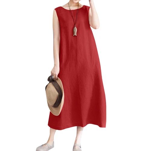Langes ärmelloses Baumwoll-Leinen-Damenkleid Sommer Strand Freizeit Kaftan Kleid - Bild 14 von 17