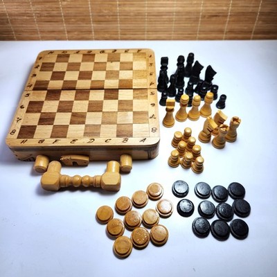 Chess Checkers Set Suitcase Edition with Handmade Pieces Folding Wood Board