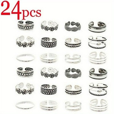 24Pcs/Set Toe Rings Women Boho Retro Open Toes Rings Summer Beach Foot Jewelry