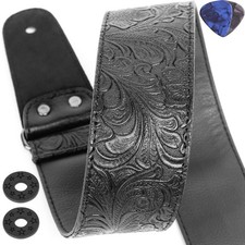 Printed Leather Guitar Strap - PU Western Vintage 60's Retro With Genuine Lea...
