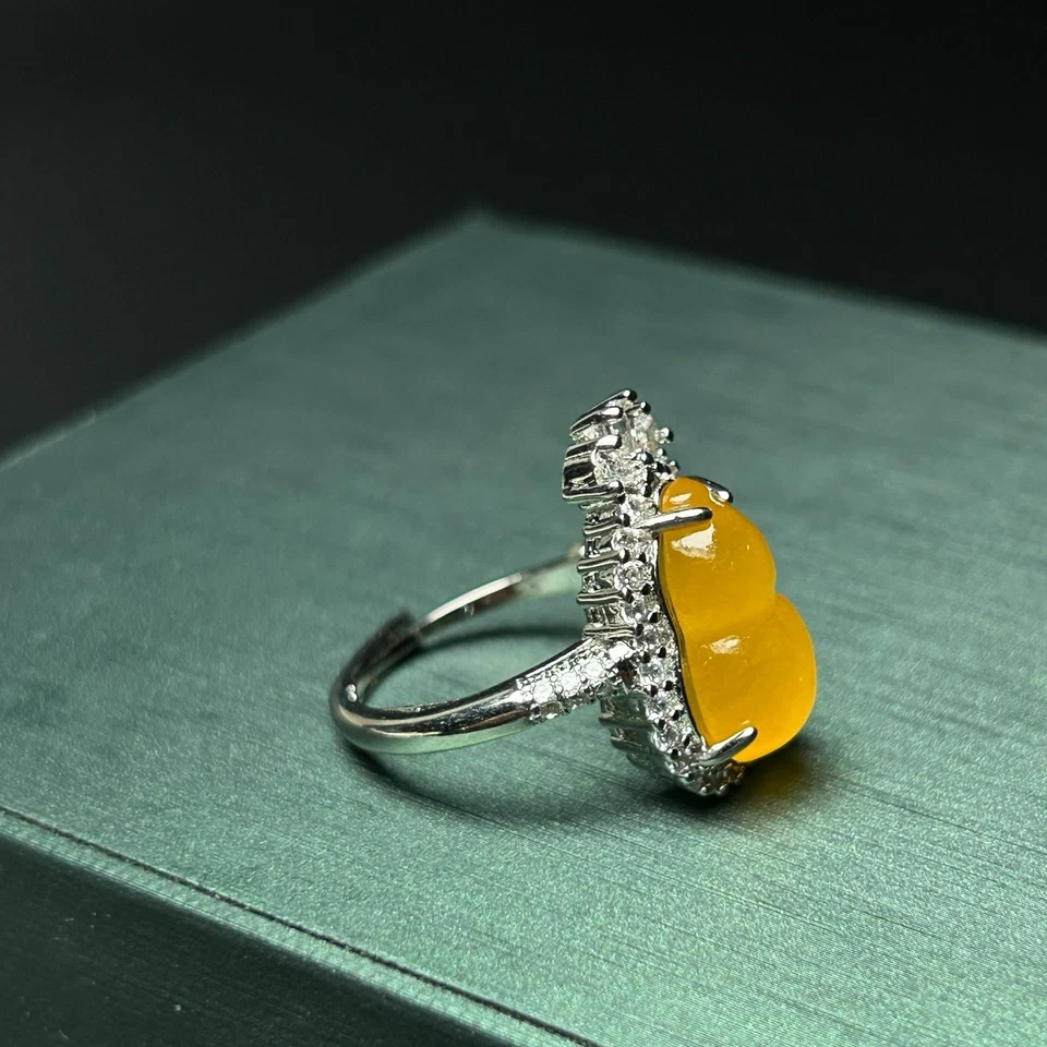  Nature inlay ice yellow Burmese Jade Jadeite adjustable Amulet Rings Foto 3 de 4