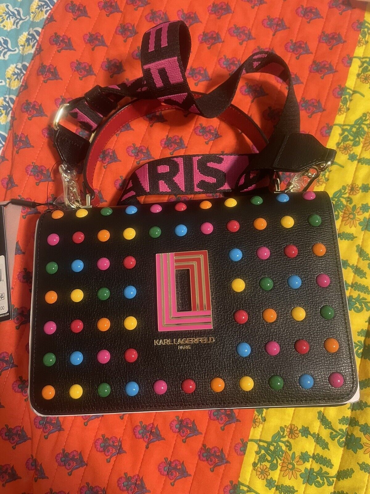 Karl Lagerfeld Paris Simone Rainbow Studded Leather Crossbody with Top Handle