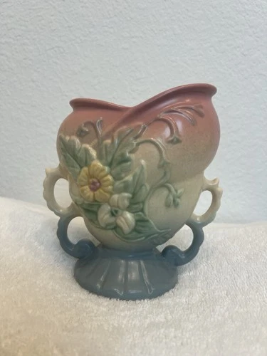 Vintage Hull Pottery Magnolia Double Handle Vase Pink Blue USA Art Pottery
