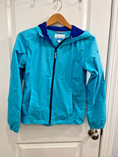 Columbia Blue Rain Jacket Hooded Youth Large Zip Lined Pockets Children