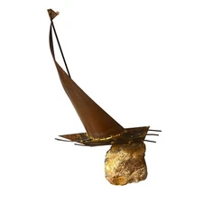RARE Vintage Bijan Bahar Sculpture Copper Sailboat on Stone SIGNED 18.5" 
