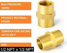 4 PCS Solid Brass Hex Nipple and coupling 1/2" x 1/2" Thread Pipe