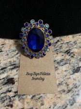 Blue Cubic Zirconia Goldtone Adjustable Ring