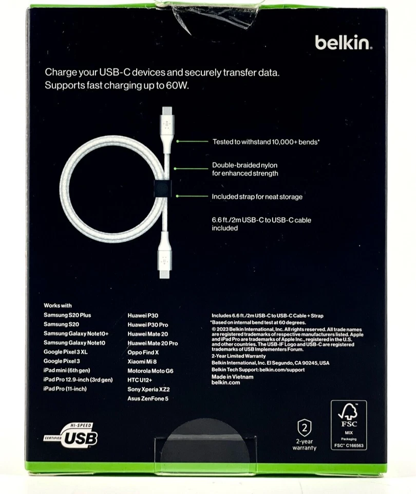 Belkin 6ft Fast Charge USB-C to USB-C Cable For Samsung Apple iPhone 15 16 - Image 2 of 2