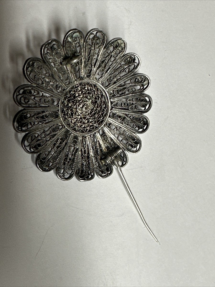 Vintage Antique 930 Silver Filigree Brooch with a Red Stone View 5