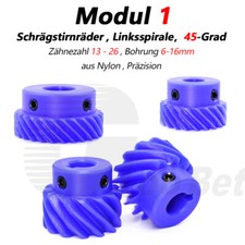 Zahnrad Links 45&deg; schr&auml;g Stirnrad Modul 1 Z&auml;hnezahl 13 - 26 aus Kunststoff Nylon