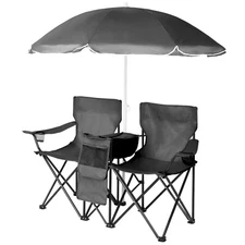 Double Portable Folding Picnic Chair w/Umbrella Table Cooler Beach Camping Chair