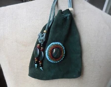 Bloodstone Jade Green Suede Leather Beaded Drawstring Bag Pouch Four Directions