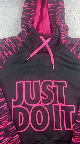 Nike Therma Fit JUST DO IT Long Sleeve Pink Sleeve Design Hooded Sweatshirt YL - Picture 3 of 9
