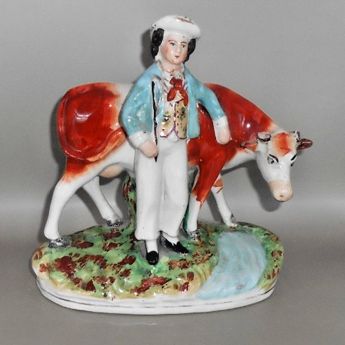 Antique Staffordshire Flatback Pottery, Boy with Cow Figurine