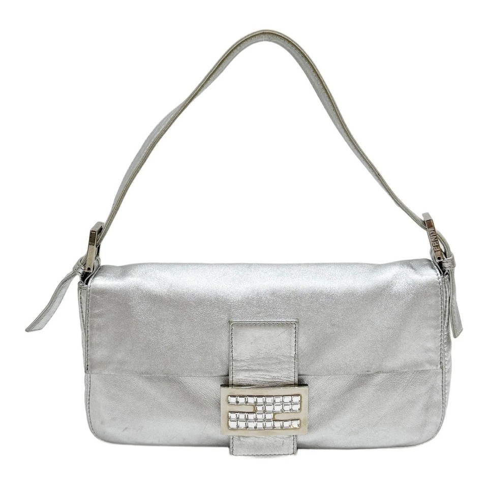 FENDI Baguette Silver Leather Shoulder Bag